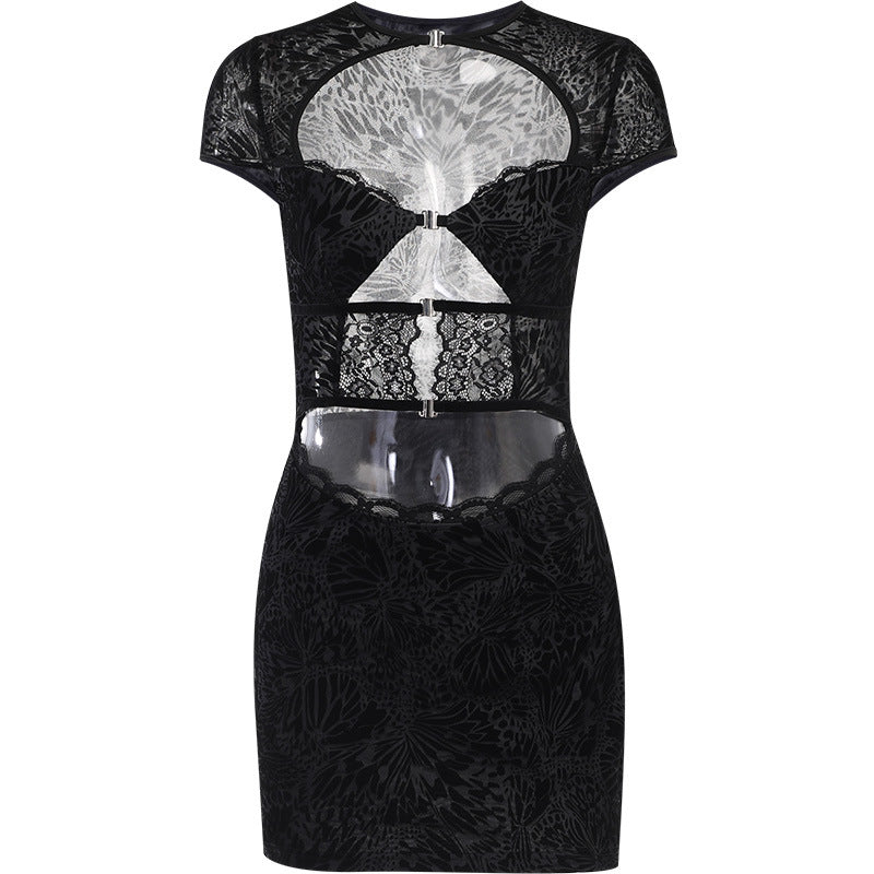 Autumn Sexy Slim Hip Short Flocking Lace Hollow Out Cutout Dress Women