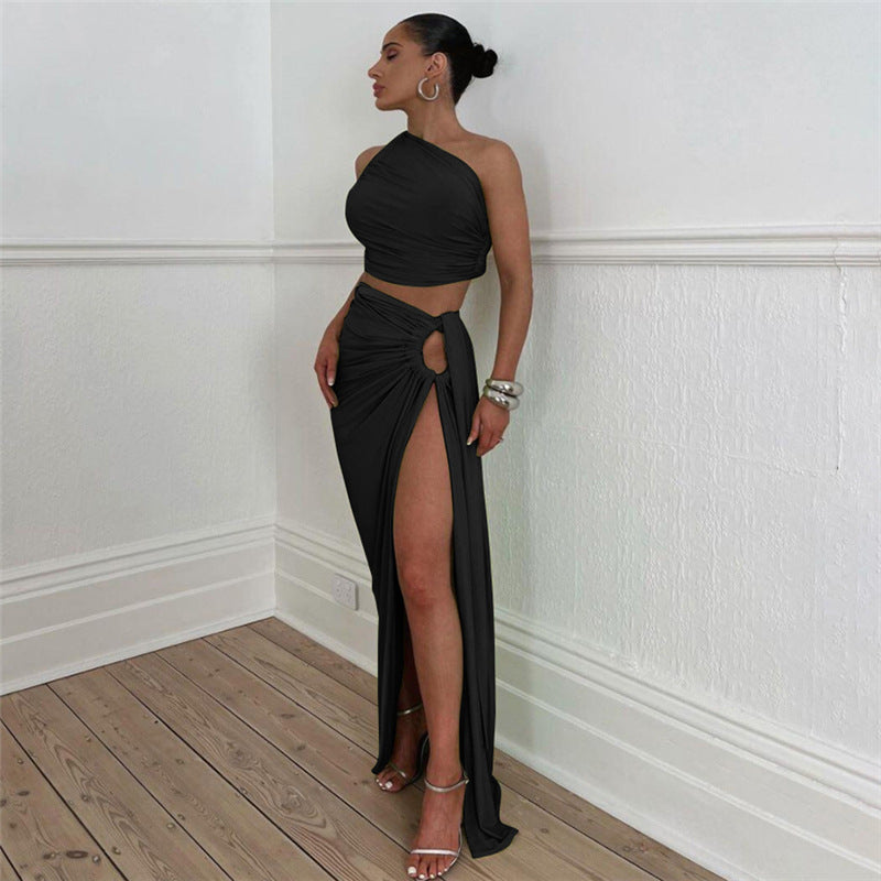 Autumn Winter Women Clothing Sexy Oblique Shoulder Backless Vest Slim Fit Slit Skirt Set Women