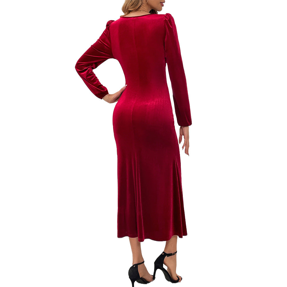 Elegant Velvet Deep V Plunge Tight Waist Slimming Slit Hemline Hip Dress