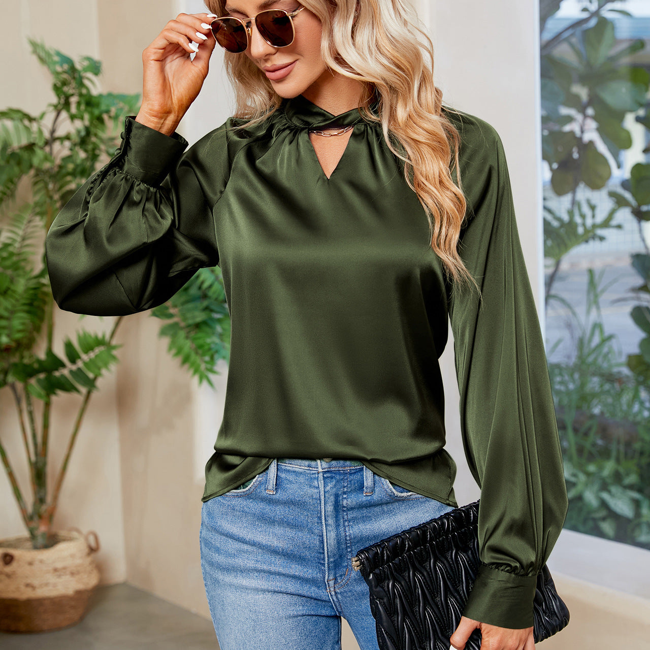 Women Satin Silk Blouse Tops V neck Long Sleeve Loose Shirt Summer Tops Casual Blouse Tops