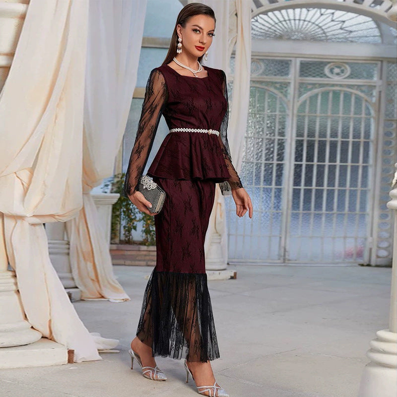 Autumn Winter Women Round Neck Stitching Gauzy Package Hip Fishtail Dinner Evening Skirt Set