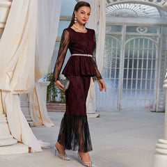 Autumn Winter Women Round Neck Stitching Gauzy Package Hip Fishtail Dinner Evening Skirt Set