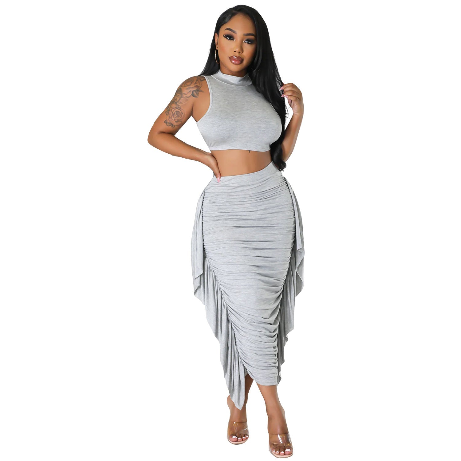 Summer Women Clothing Sexy Tight Tassel Sleeveless Two Piece sets Skirt Set