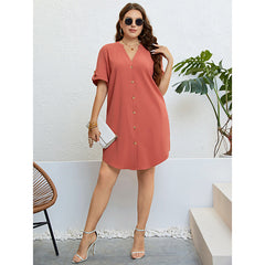 Summer V neck Buckle Loose Dress Women