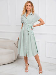 Summer Women Clothes V Neck Belted Polo Collar Striped Midi Dress Long