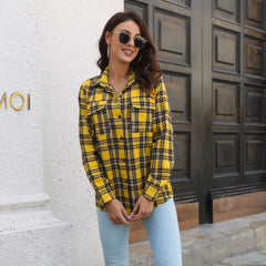 Plaid Shirt Brushed Long Sleeve Mid-Length Loose Shirt Women Top Women Clothing