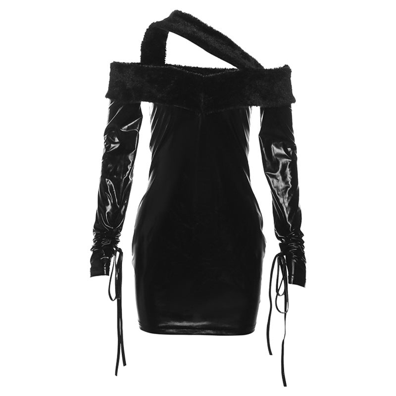 Autumn Winter Women’s Fashion: Sexy Off-Neck Long Sleeve Slim Fit Faux Leather Dress