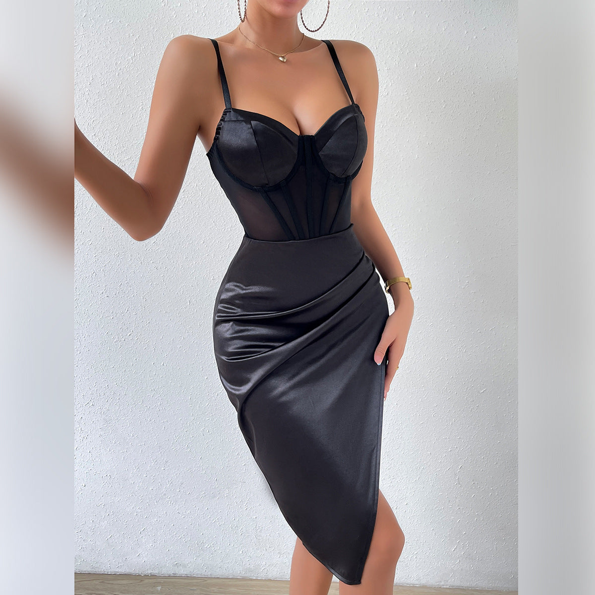 Women’s High Grade Dress Boning Corset Slim Fit High Slit Cami Dress – Elegant and Flattering Style