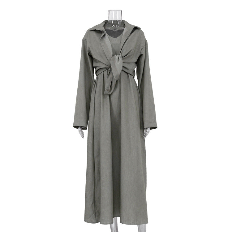 Women’s Loose Fitting Long Sleeves Shirt Vest Maxi Dress Two Piece Set