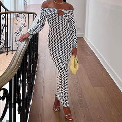 Fall Women Clothing: Off Shoulder Corrugated Printed Elegant Slim Dress