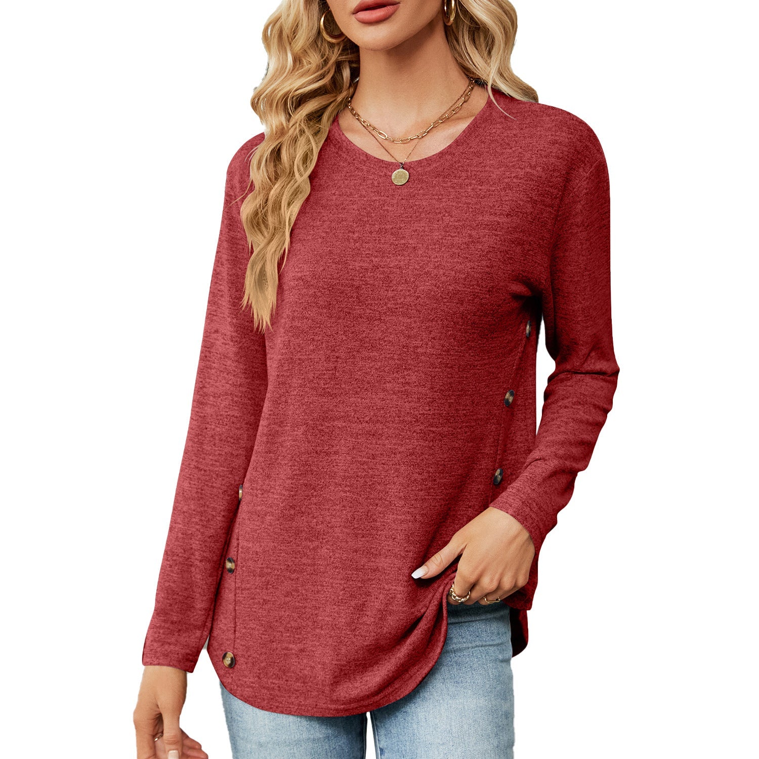 Women Clothing Autumn Winter round Neck Long Sleeve Loose Button T shirt Top Women