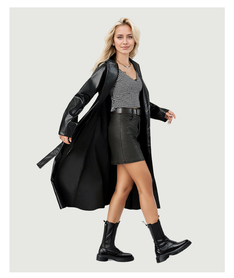 Faux Leather Lapel Coat