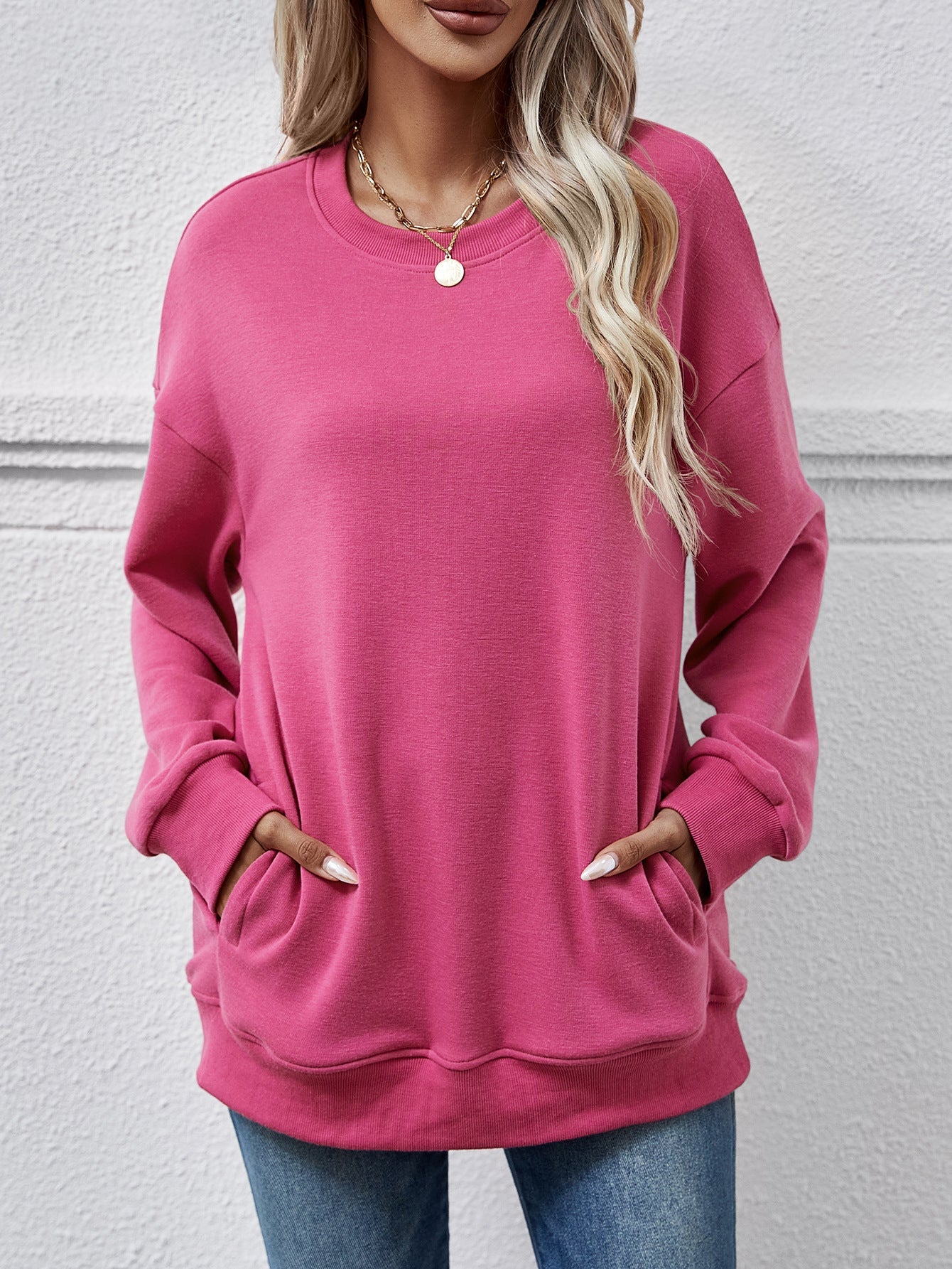 Autumn Winter Women Clothing Brushed Hoody Women Loose Round Neck Pocket Top