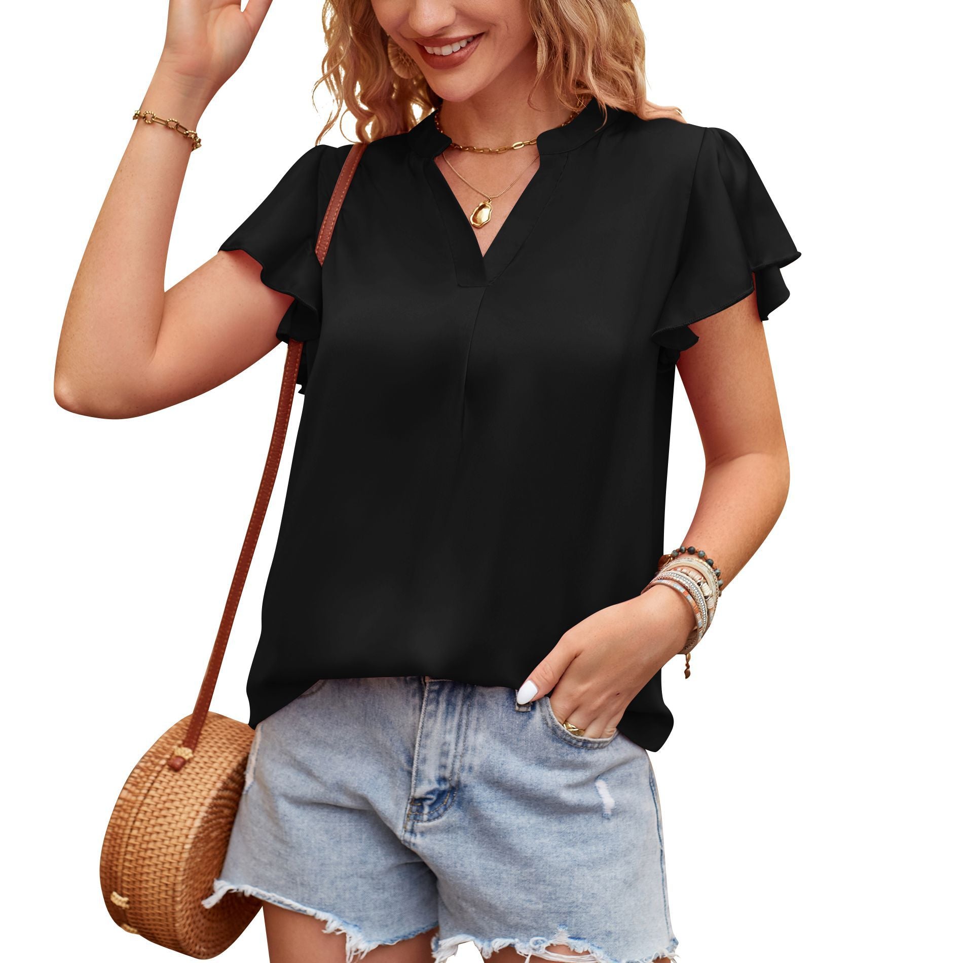 Women Clothing Summer V neck Short Sleeve Pearl Satin Office Shirt