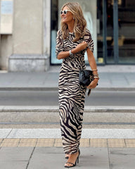 Autumn Winter Zebra Pattern Velvet Slim Dress for Women