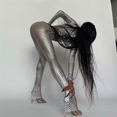 Metallic Coated Fabric Fall Women Clothing Nightclub Performance Long Sleeve Round Neck Net Hole Sexy Tight Trousers Two-Piece Set