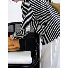 Lazy Pullover Stripe Sweater Women Minimalist Design Loose Retro Raglan Sleeve Top