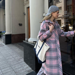 Autumn Winter Women  Clothing Long Sleeve Collared Plaid Coat Casual Woolen Long Cut Coat