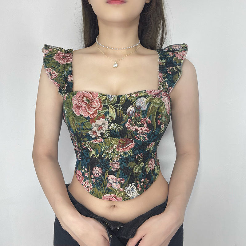 Sexy Retro Embroidered Strap Vest: Chic Floral Slim Top