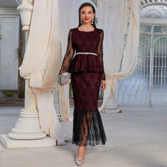 Autumn Winter Women Round Neck Stitching Gauzy Package Hip Fishtail Dinner Evening Skirt Set