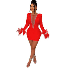 Women Wear Solid Color V Neck Mesh See Through Long Sleeve Tassel Dress Women