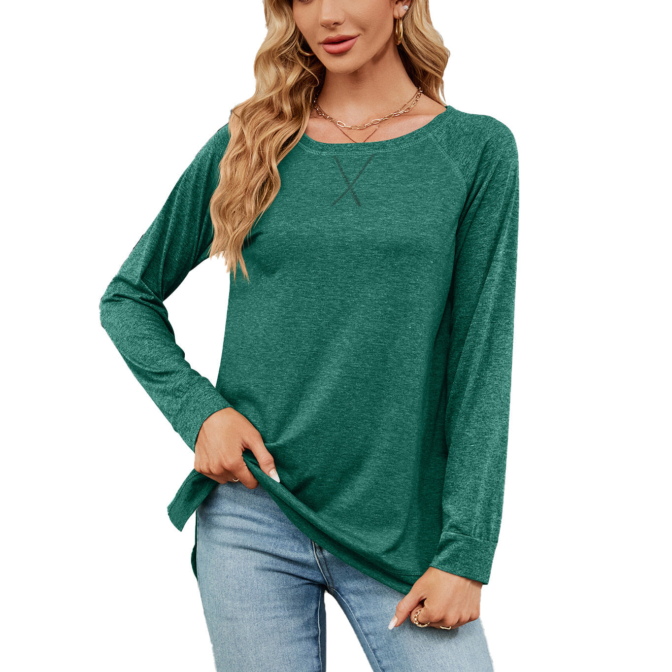 Autumn Winter round Neck Contrast Color Loose Long-Sleeved T-shirt Split Top Women