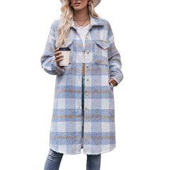 Autumn Winter Women Long Cut Coat Mohair Plaid Coat