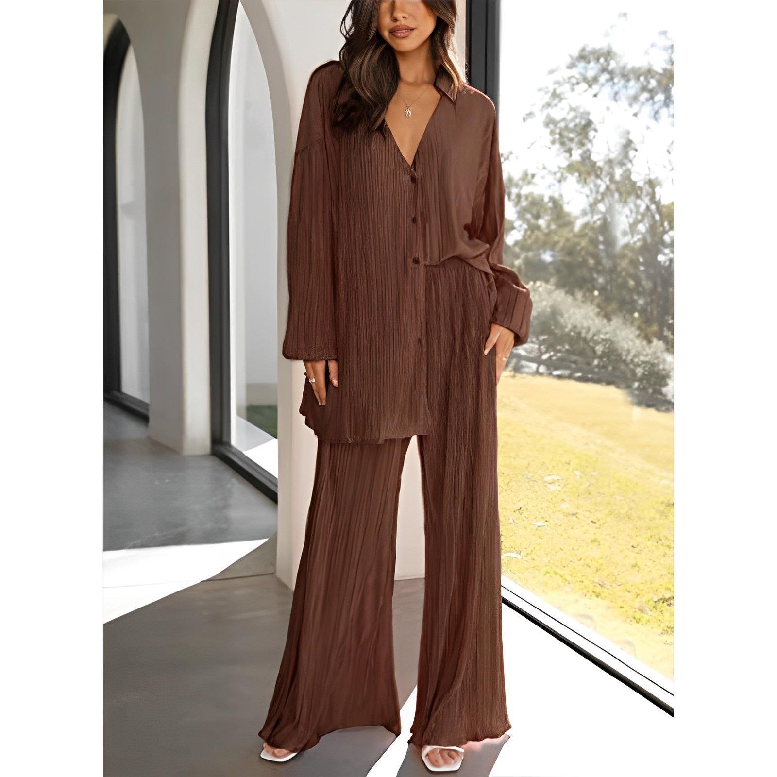 Spring Summer Women Solid Color Pleated Single Breasted Top High Waist Wide Leg Bell Bottoms Homewear Suit