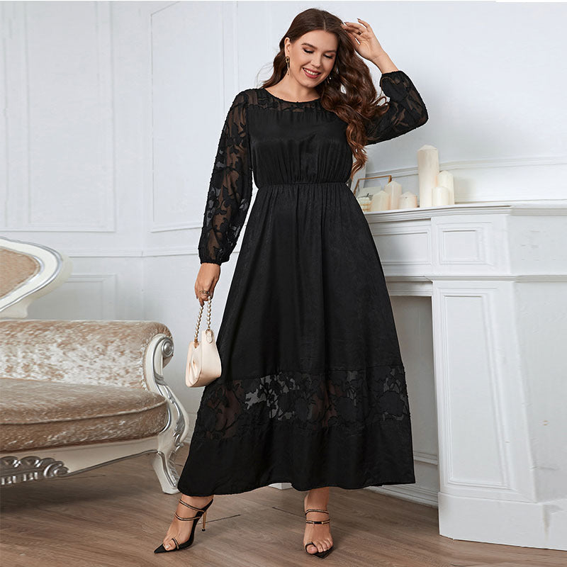 Plus Size Chubby over the Knee Lace Dress Slimming Autumn Long Sleeve Elegant High Sense