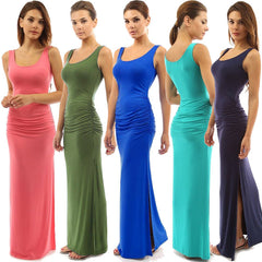 Summer Women Solid Color Pleated Vest Dress Sexy Sleeveless Slim Fit Slit Dress