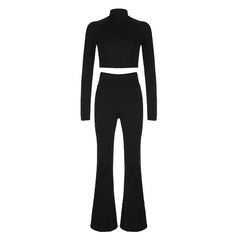 Casual Zipper Short Cardigan Sheath High Waist Flared Pants Pure Black Sports Suit Autumn