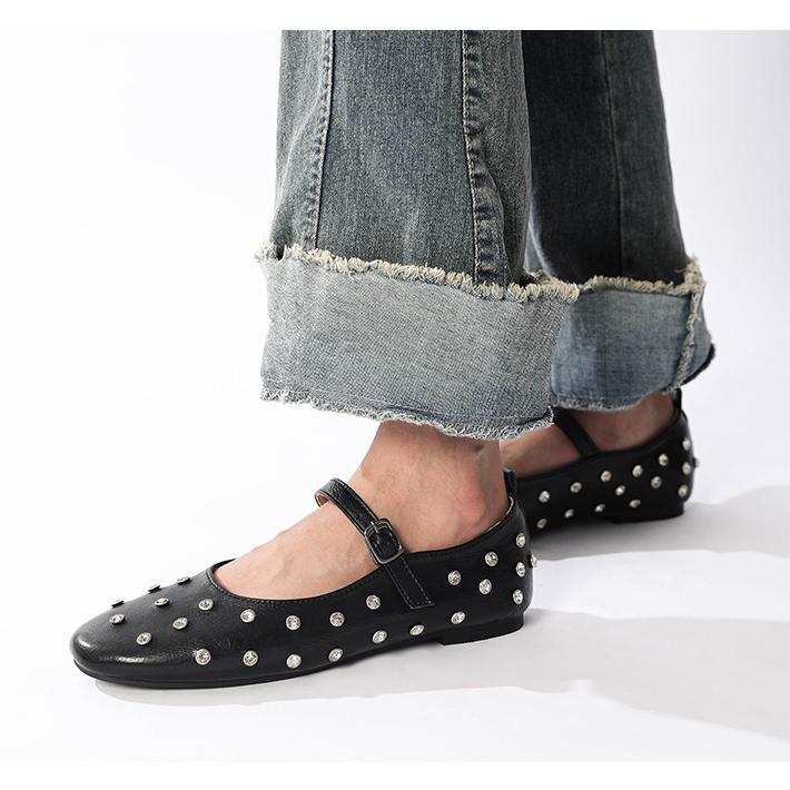 Studded Rhinestones Mary Jane One-Line Buckle Ballet Flats