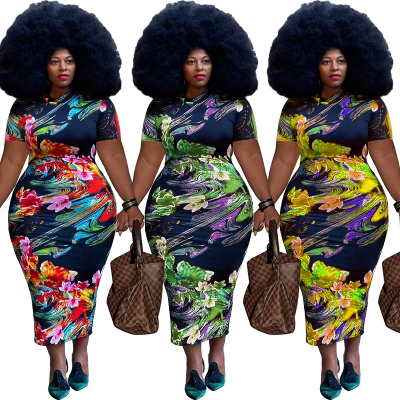 Plus Size Summer New Floral Printed Sexy Tight  Dress