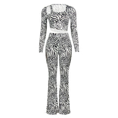 Autumn Zebra Print Long Sleeves Cropped Top Slim Trousers Suit – Trendy Animal Print Outfit