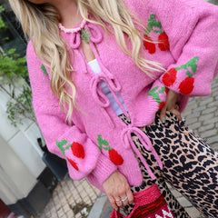 Cherry Knit Lace-Up Cardigan