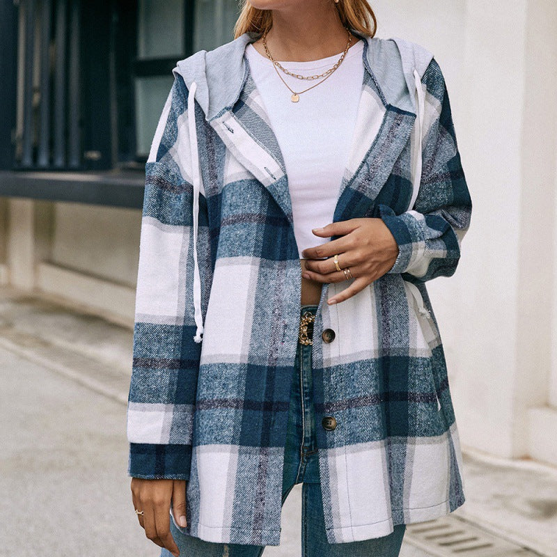 Plaid Hooded Casual Shacket: Loose-Fit Jacket for Stylish Outerwear