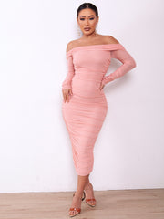 Women Solid Color Sexy Slim Party Long Sleeve off Shoulder Pleated Dress – Early Spring Style