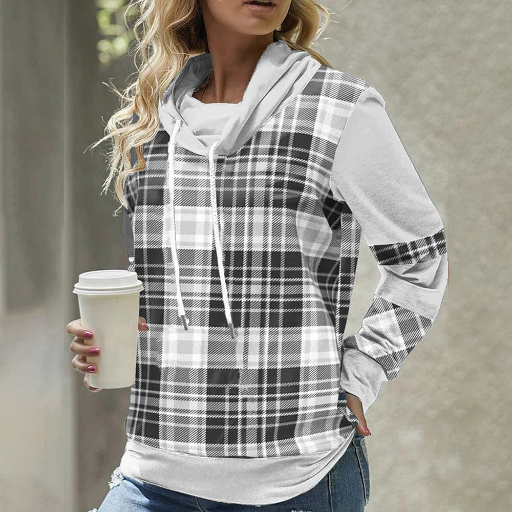 Autumn Women Clothing Plaid Printed Long Sleeve Turtleneck Loose Casual Top