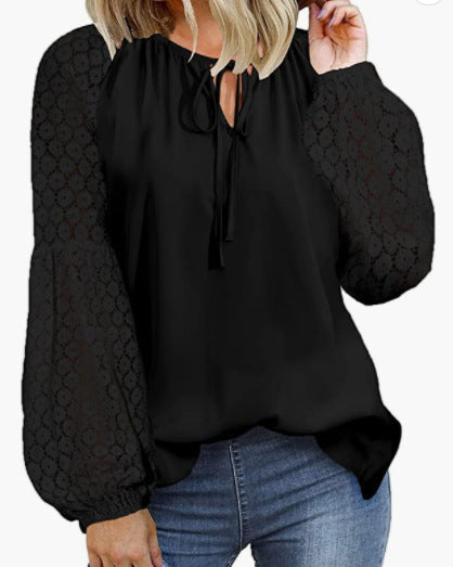 Women Clothing Round Neck Long Sleeve Lace Stitching Lace Loose T Shirt