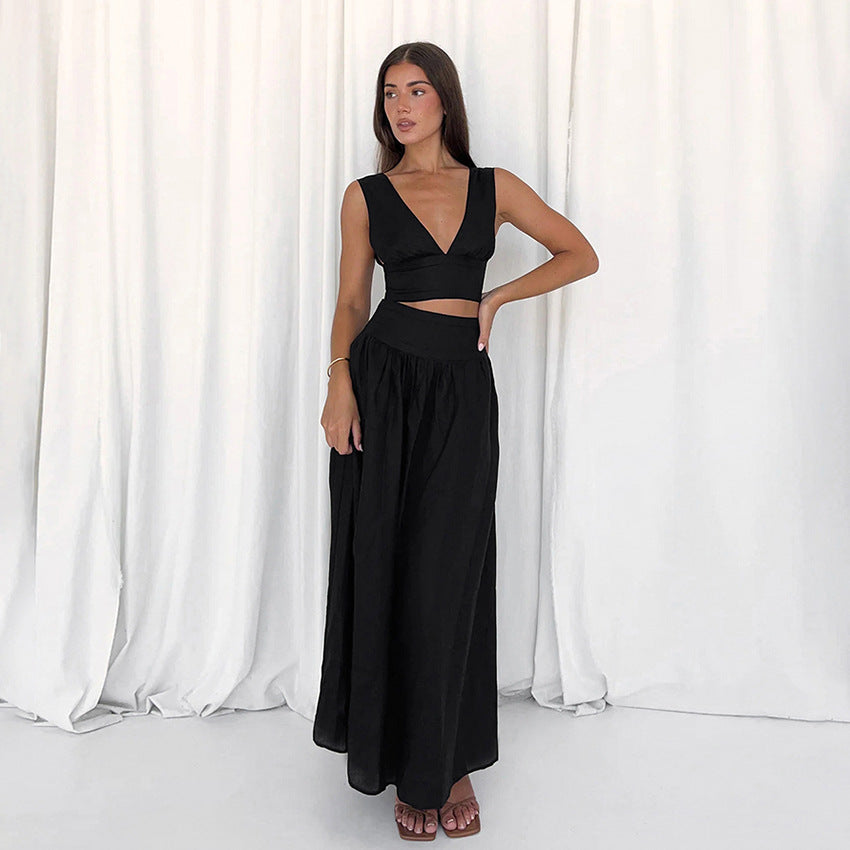 Summer Women Sexy Backless Black Vest High Waist A line Dress Two Piece Set Women