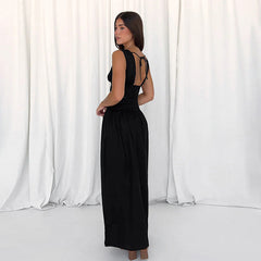 Summer Women Sexy Backless Black Vest High Waist A line Dress Two Piece Set Women