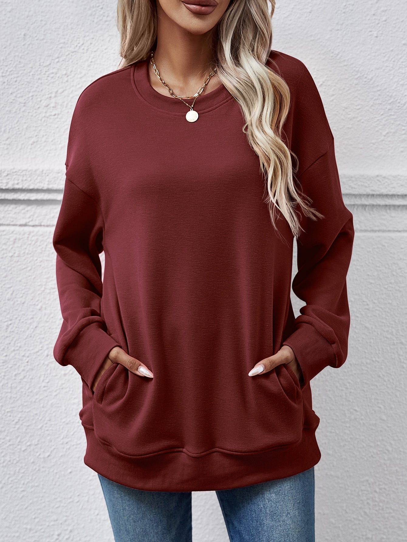 Autumn Winter Women Clothing Brushed Hoody Women Loose Round Neck Pocket Top