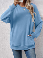 Autumn Winter Women Clothing Brushed Hoody Women Loose Round Neck Pocket Top