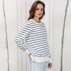 Early Autumn Striped Long Sleeved Top – Women’s Casual Loose Fitting Pullover