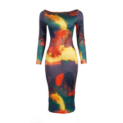 Autumn off Neck Long Sleeve Printed Sheath Slim Fit Medium Length Women Dress