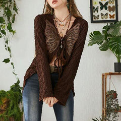 Retro Texture Butterfly Tied Top – Sexy Irregular Asymmetric V Neck Cardigan