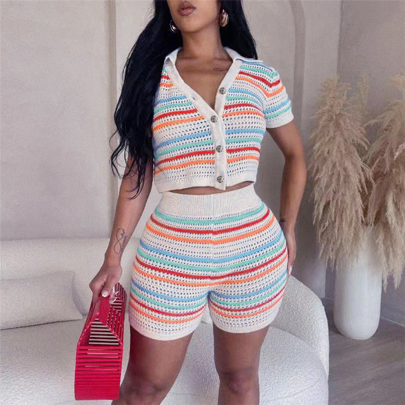 Women’s Summer Polo Collar Striped Short Sleeve Knit Set with High Waist Tight Shorts