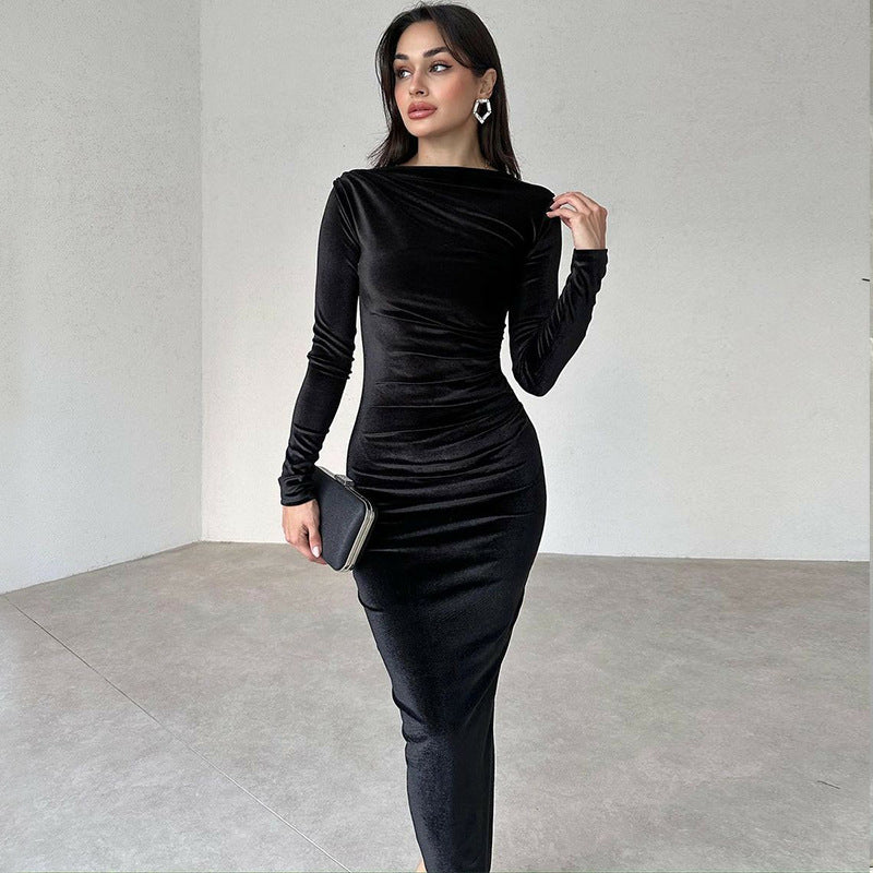 Women Clothing Winter Solid Color Slim Pleated round Neck Long Sleeved Dress