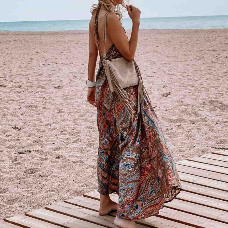 Women Clothing Spring Summer Arrival Printing V-neck Halter Bohemian Maxi Dress