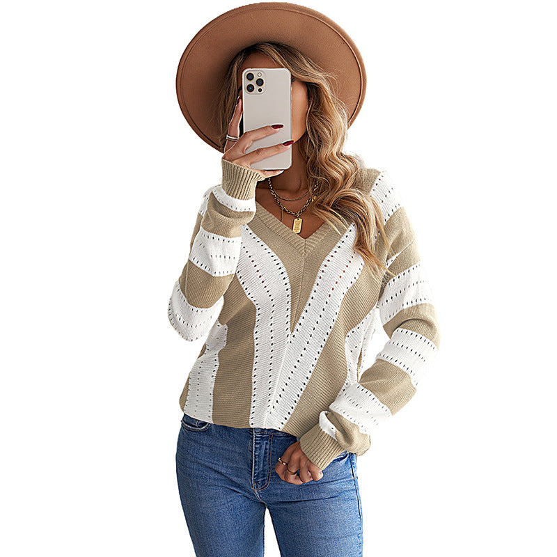 Striped Outerwear Sweater Women Autumn Winter Contrast Color Long Sleeves Knitted Underwear Top